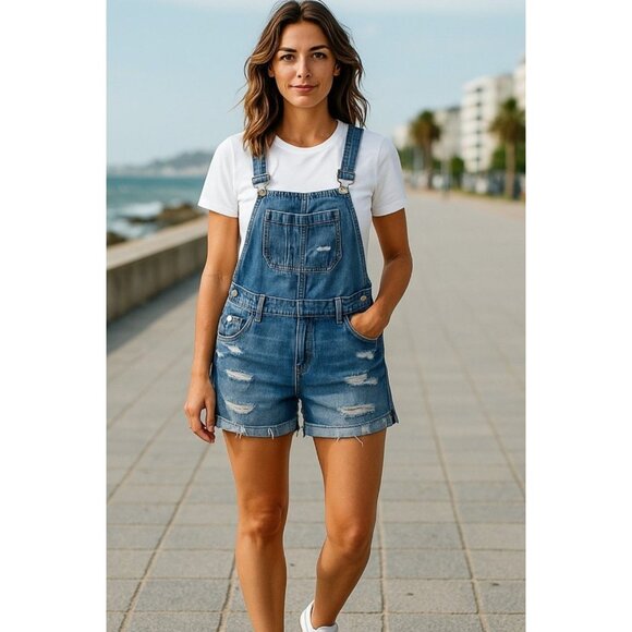 Silent New York Denim Overall Shorts Distressed‎ Med Wash Size 27 Boho Festival - Picture 1 of 15